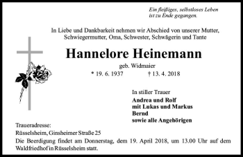 Traueranzeige von Hannelore Heinemann von Trauerportal Rhein Main Presse