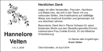 Traueranzeige von Hannelore Velten von  Kreisanzeiger