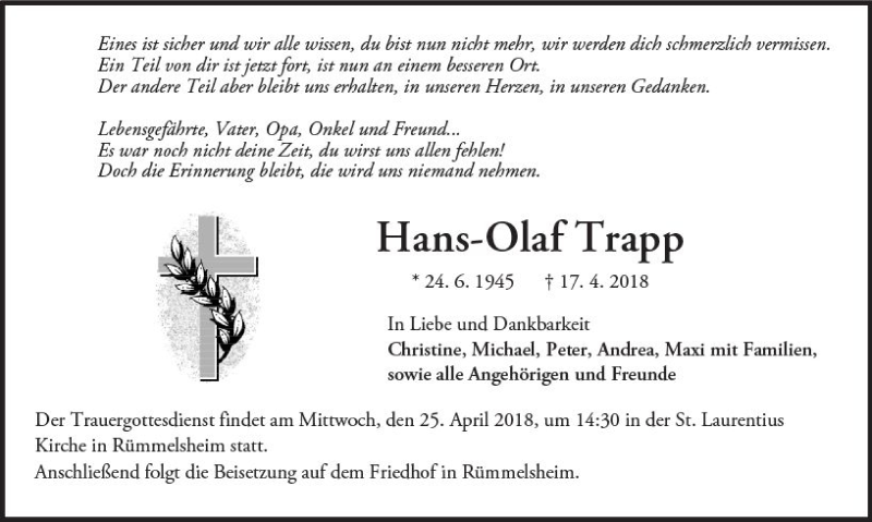  Traueranzeige für Hans-Olaf Trapp vom 24.04.2018 aus Trauerportal Rhein Main Presse