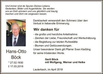 Traueranzeige von Hans-Otto Böck von VRM Trauer