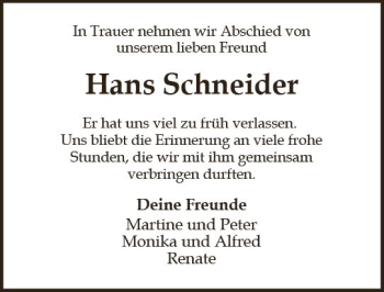 Traueranzeige von Hans Schneider von Trauerportal Rhein Main Presse