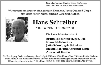 Traueranzeige von Hans Schreiber von Trauerportal Rhein Main Presse