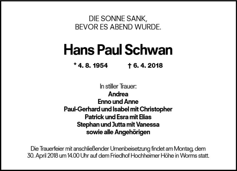  Traueranzeige für Hans Paul Schwan vom 26.04.2018 aus Trauerportal Rhein Main Presse