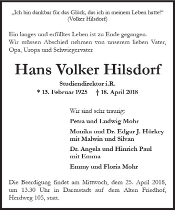 Traueranzeige von Hans Volker Hilsdorf von Trauerportal Rhein Main Presse