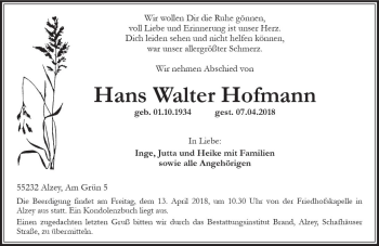 Traueranzeige von Hans Walter Hofmann von Trauerportal Rhein Main Presse