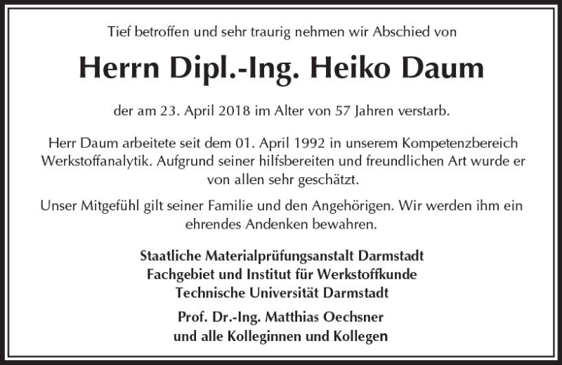  Traueranzeige für Heiko Daum vom 28.04.2018 aus Trauerportal Rhein Main Presse