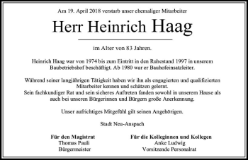 Traueranzeige von Heinrich Haag von  Usinger Anzeiger