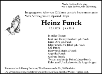Traueranzeige von Heinz Funck von Trauerportal Rhein Main Presse