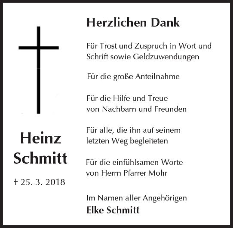  Traueranzeige für Heinz Schmitt vom 28.04.2018 aus Trauerportal Rhein Main Presse