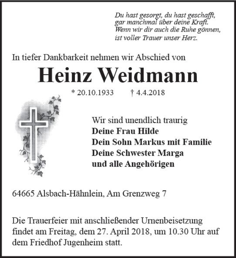  Traueranzeige für Heinz Weidmann vom 14.04.2018 aus Trauerportal Rhein Main Presse