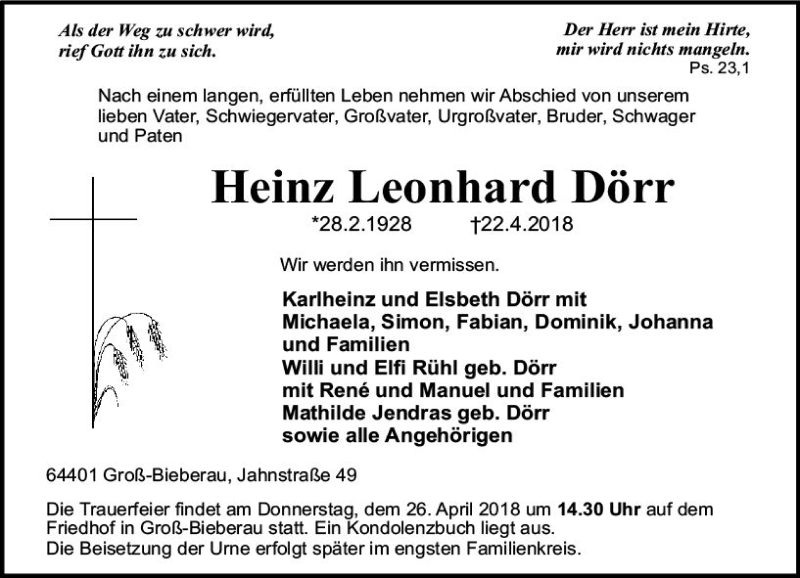  Traueranzeige für Heinz Leonhard Dörr vom 24.04.2018 aus Trauerportal Rhein Main Presse