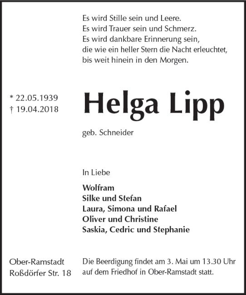  Traueranzeige für Helga Lipp vom 28.04.2018 aus Trauerportal Rhein Main Presse