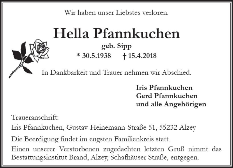  Traueranzeige für Hella Pfannkuchen vom 18.04.2018 aus Trauerportal Rhein Main Presse