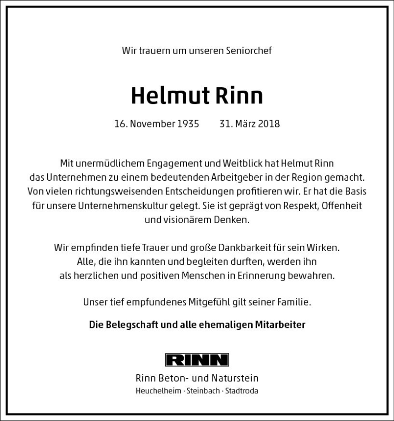  Traueranzeige für Helmut Rinn vom 05.04.2018 aus  Gießener Anzeiger