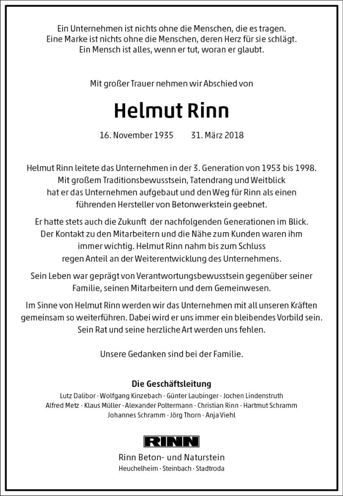  Traueranzeige für Helmut Rinn vom 05.04.2018 aus  Gießener Anzeiger