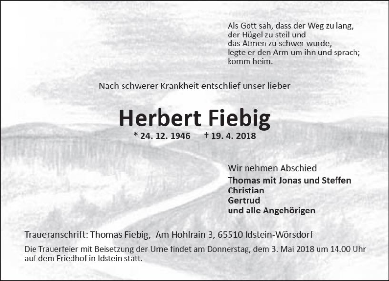  Traueranzeige für Herbert Fiebig vom 28.04.2018 aus Trauerportal Rhein Main Presse