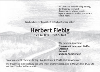Traueranzeige von Herbert Fiebig von Trauerportal Rhein Main Presse
