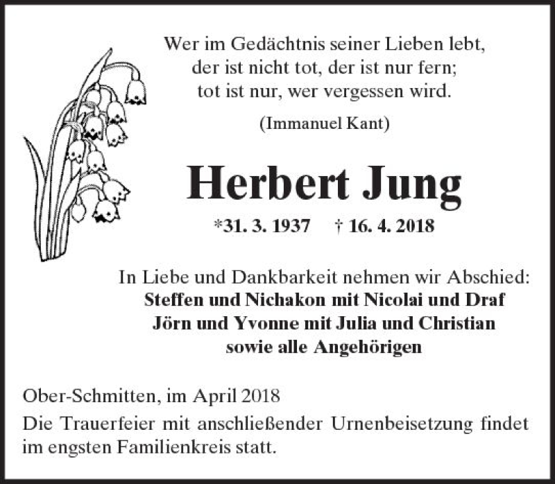  Traueranzeige für Herbert Jung vom 21.04.2018 aus  Kreisanzeiger