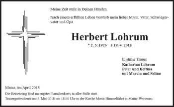Traueranzeige von Herbert Lohrum von Trauerportal Rhein Main Presse