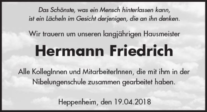  Traueranzeige für Hermann Friedrich vom 19.04.2018 aus Trauerportal Rhein Main Presse
