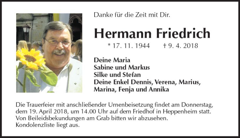 Traueranzeige für Hermann Friedrich vom 14.04.2018 aus Trauerportal Rhein Main Presse