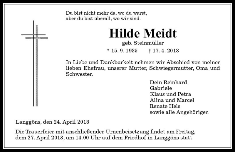  Traueranzeige für Hilde Meidt vom 24.04.2018 aus  Gießener Anzeiger