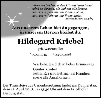 Traueranzeige von Hildegard Kriebel von Trauerportal Rhein Main Presse