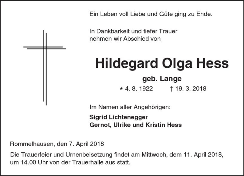  Traueranzeige für Hildegard Olga Hess vom 07.04.2018 aus  Kreisanzeiger