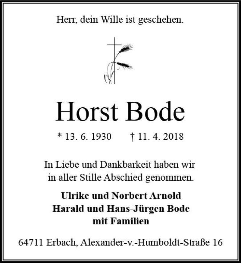  Traueranzeige für Horst Bode vom 25.04.2018 aus Trauerportal Rhein Main Presse
