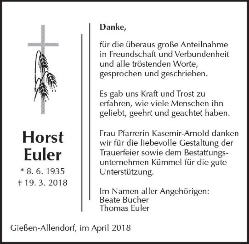  Traueranzeige für Horst Euler vom 28.04.2018 aus  Gießener Anzeiger