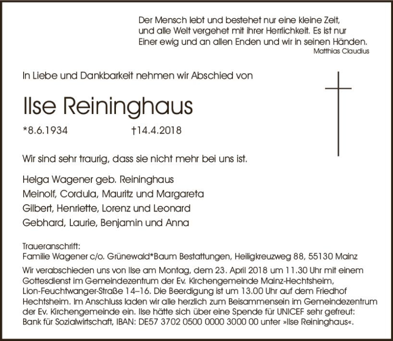  Traueranzeige für Ilse Reinighaus vom 18.04.2018 aus Trauerportal Rhein Main Presse