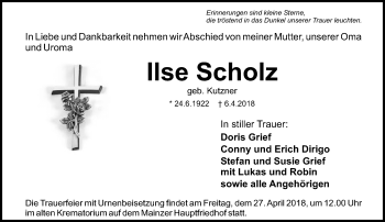 Traueranzeige von Ilse Scholz von Trauerportal Rhein Main Presse