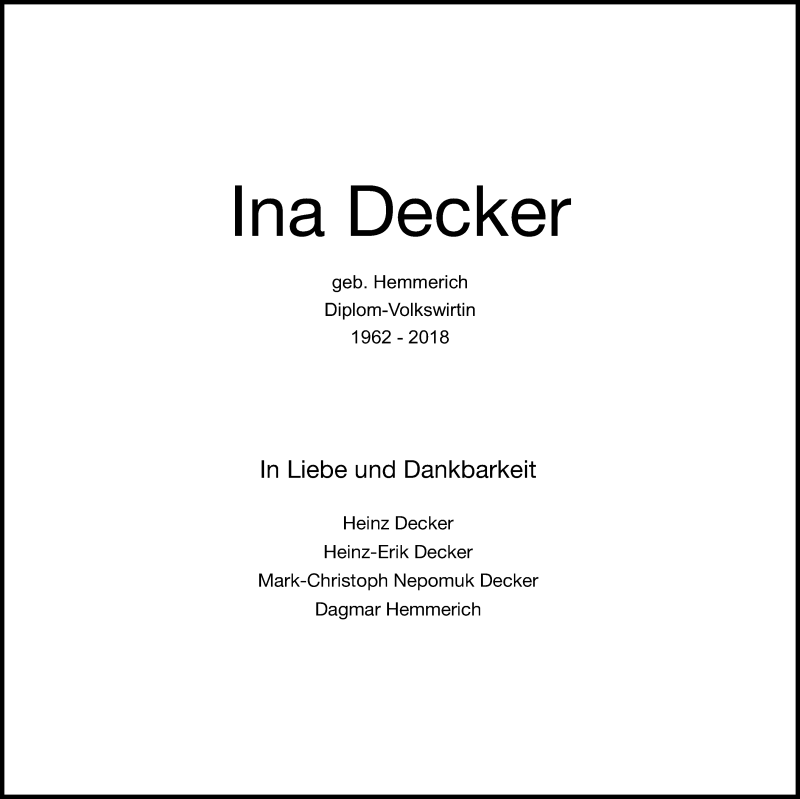  Traueranzeige für Ina Decker vom 21.04.2018 aus Trauerportal Rhein Main Presse