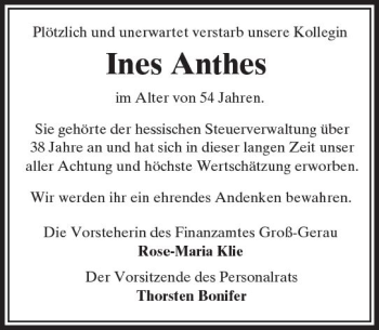 Traueranzeige von Ines Anthes von Trauerportal Rhein Main Presse
