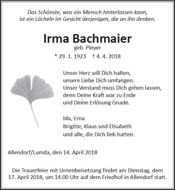 Traueranzeige von Irma Bachmeier von  Gießener Anzeiger