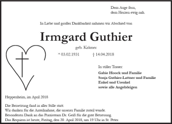 Traueranzeige von Irmgard Guthier von Trauerportal Rhein Main Presse