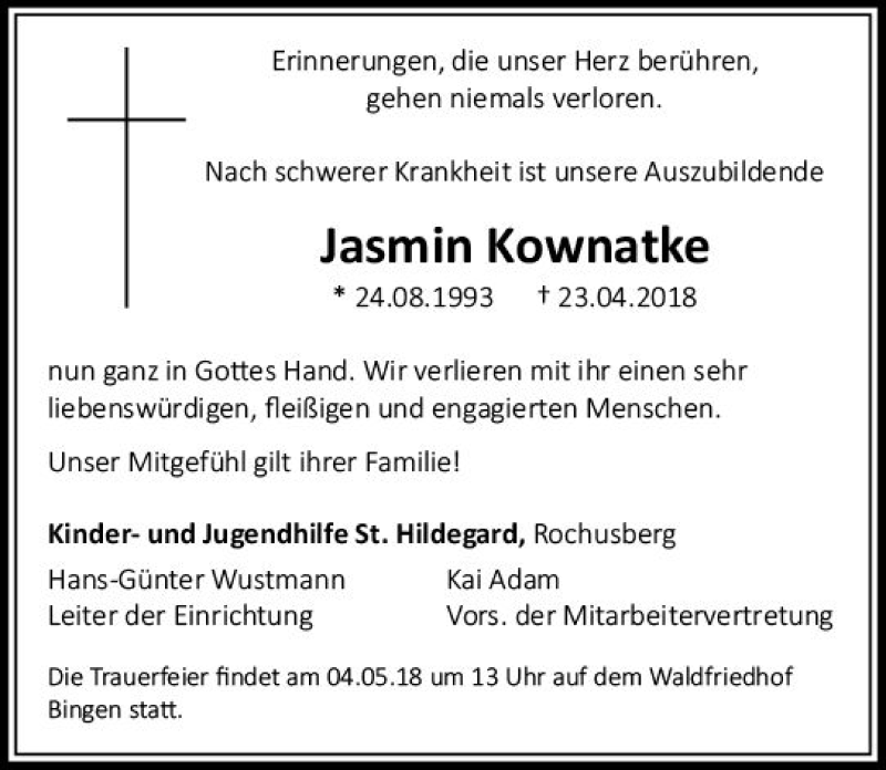  Traueranzeige für Jasmin Kownatke vom 27.04.2018 aus Trauerportal Rhein Main Presse