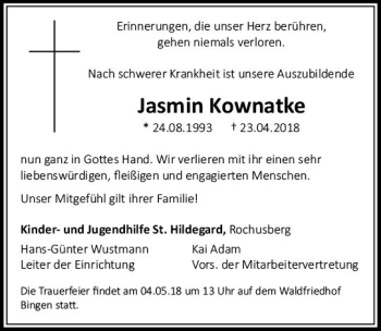 Traueranzeige von Jasmin Kownatke von Trauerportal Rhein Main Presse