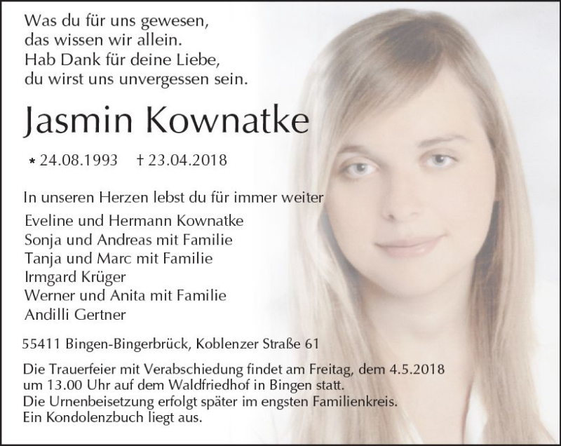 Traueranzeige für Jasmin Kownatke vom 28.04.2018 aus Trauerportal Rhein Main Presse