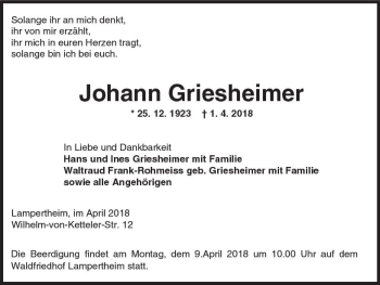 Traueranzeige von Johann Griesheimer von Trauerportal Rhein Main Presse