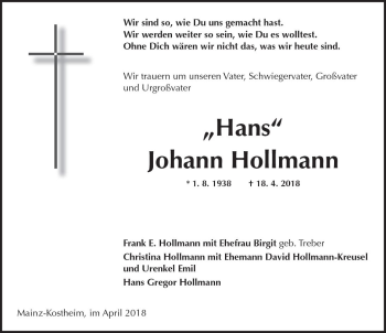 Traueranzeige von Johann Hollmann von Trauerportal Rhein Main Presse