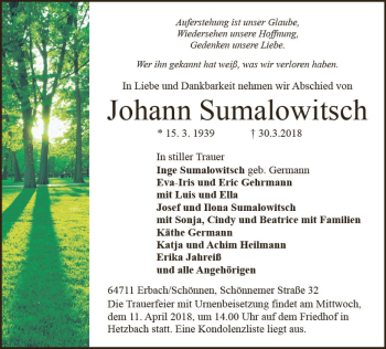 Traueranzeige von Johann Sumalowitsch von Trauerportal Rhein Main Presse