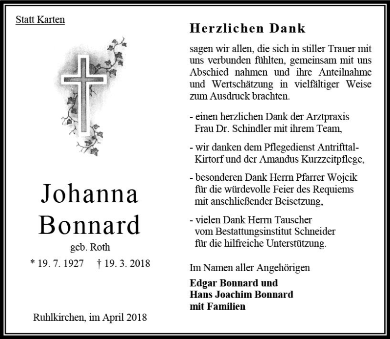  Traueranzeige für Johanna Bonnard vom 14.04.2018 aus VRM Trauer