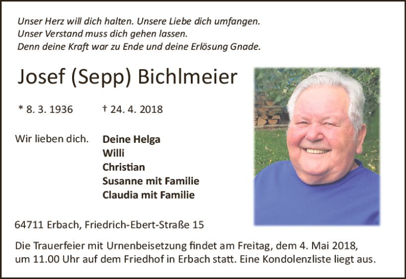  Traueranzeige für Josef Bichlmeier vom 28.04.2018 aus Trauerportal Rhein Main Presse