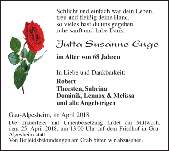 Traueranzeige von Jutta Susanne Enge von Trauerportal Rhein Main Presse