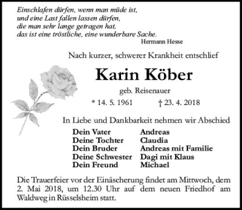 Traueranzeige von Karin Köber von Trauerportal Rhein Main Presse