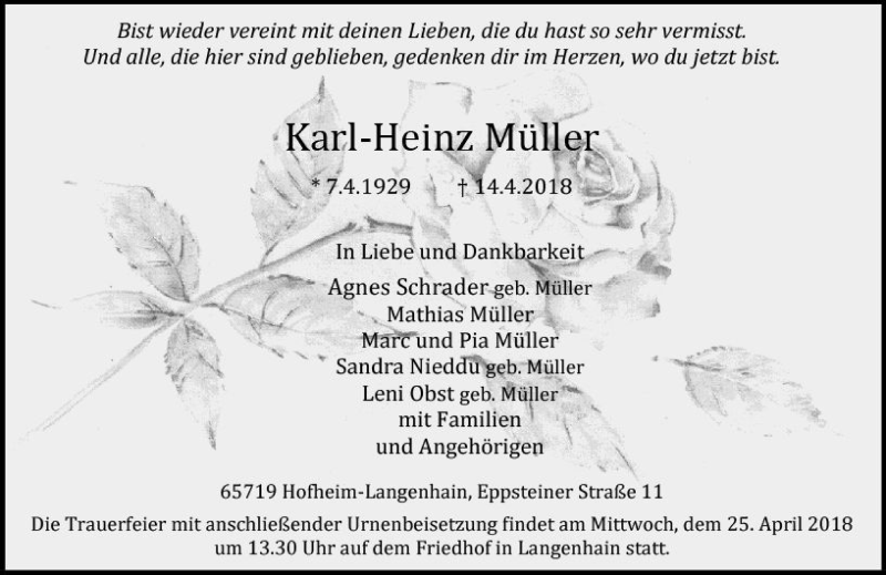  Traueranzeige für Karl-Heinz Müller vom 20.04.2018 aus Trauerportal Rhein Main Presse