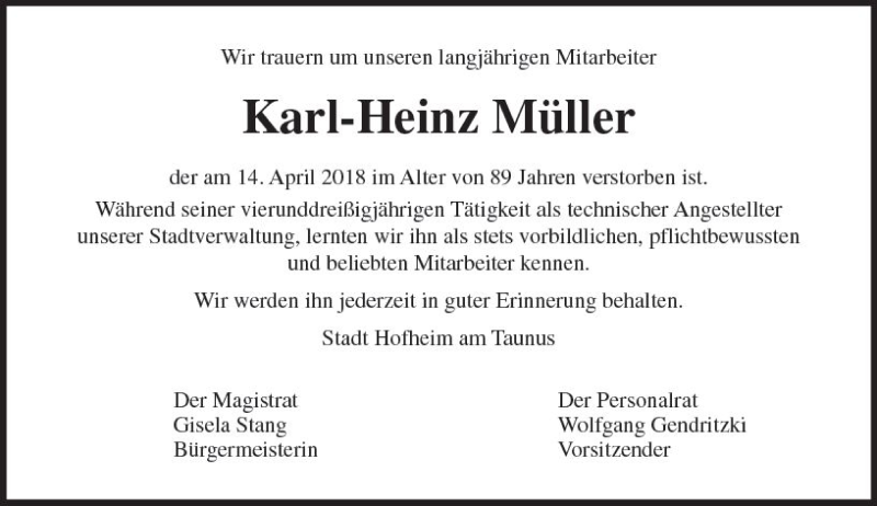  Traueranzeige für Karl-Heinz Müller vom 27.04.2018 aus Trauerportal Rhein Main Presse
