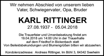 Traueranzeige von Karl Rittinger von Trauerportal Rhein Main Presse