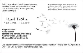 Traueranzeige von Karl Tröbs von  Gießener Anzeiger
